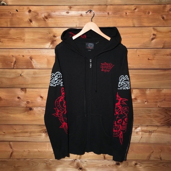 ED HARDY NWT Hooded Wool Blend Knit Sweater Cardigan Vintage Zip Up Lion. L - Picture 4 of 15
